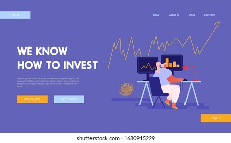 Broker Service Bulls and Bears Fund Landing Page Template. Businesswoman Trader Character Working on Computer Selling and Buying Currency, Bonds and Metals on Stock Market. Cartoon Vector Illustration