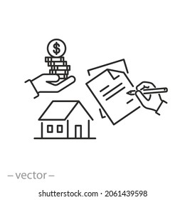 broker service icon, assistance home rent or sale, estate contract, document signature, agreement review, house real buyer, ​thin line symbol - editable stroke vector illustration