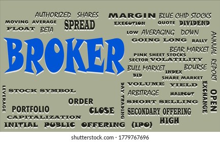 Broker a Share market related text cloud presented on colorful vector abstract for magazine prints.