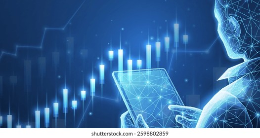 Broker trader analyzing currency exchange and stock market charts. Trading online, financial growth, business strategy, digital asset, investment fund, market insights, stock trends, AI concept.