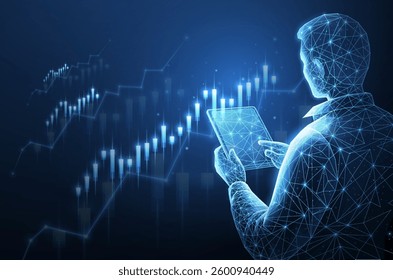 Broker trader analyzing currency exchange and stock market charts. Trading online, financial growth, business strategy, digital asset, investment fund, market insights, stock trends, AI concept.