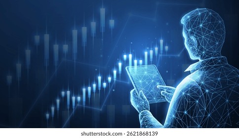 Corretor de análise de câmbio de moeda e gráficos de mercado de ações. Negociação on-line, crescimento financeiro, estratégia de negócios, ativo digital, fundo de investimento, insights de mercado, tendências de ações, conceito de IA.