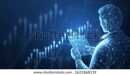 Broker trader analyzing currency exchange and stock market charts. Trading online, financial growth, business strategy, digital asset, investment fund, market insights, stock trends, AI concept.