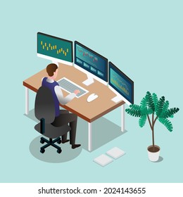 Broker trading online with multiple PC monitors 3d isometric vector illustration concept for banner, website, landing page, ads, etc