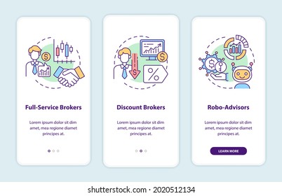 Broker types onboarding mobile app page screen with concepts. Full service, discount stockbrokers walkthrough 3 steps graphic instructions. UI, UX, GUI vector template with linear color illustrations