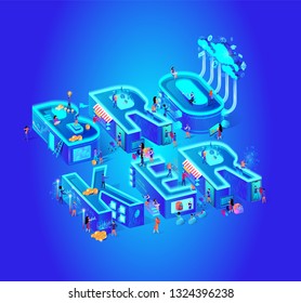 Broker Vector Digital Isometric Illustration. Cloud Service Large Letters Small People Stands with Flag. Girl With Glasses Extra Reality Works Online Shopping Order Cyber World Neural Networks.
