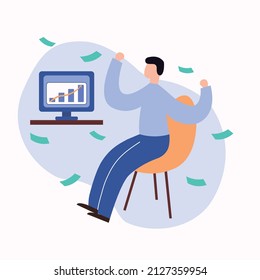 Agente observando los gráficos en el monitor del ordenador. Comerciante de valores. Inversor masculino en el trabajo. El negocio de las criptomonedas. Negociación bursátil en la ilustración vectorial de la bolsa.