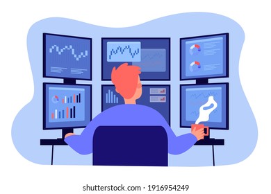 Broker working on stock market at workplace. Trader analyzing financial charts on multiple computer monitors. Vector illustration trading office, finance, analysis, investor job concept