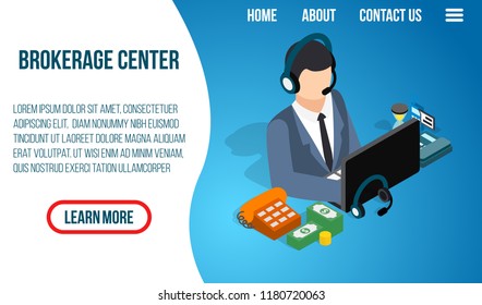 Brokerage center concept banner. Isometric banner of brokerage center vector concept for web, giftcard and postcard