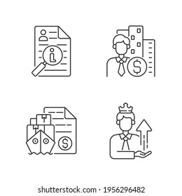 Brokerage linear icons set. Information broker. Corporate specialist on finance and commercial service. Customizable thin line contour symbols. Isolated vector outline illustrations. Editable stroke
