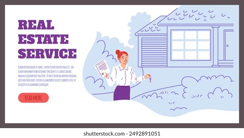 Brokerage services. Vector illustration of a banner depicting a female realtor with a signed contract and keys, on a real estate background. Flat style, with space for text.