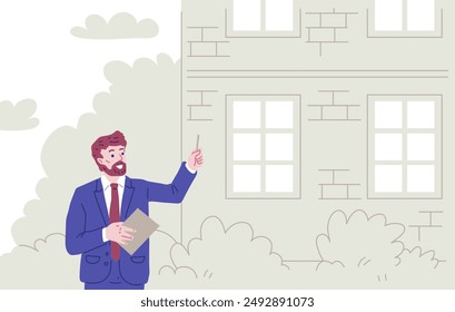 Brokerage services. The vector illustration shows a male realtor. A real estate agent helps with home searches, property visits, and facilitates the mortgage approval process.