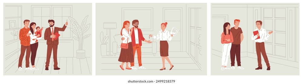 Brokerage services. Vector set of illustrations of realtors showing properties and handing over keys to clients. Visualization of real estate agents working with their clients.