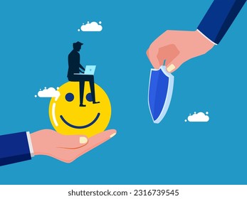 Brokers buy or sell life insurance. man holding shield and icon in good mood vector