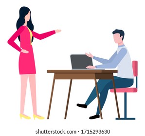 Brokers collaboration isolated cartoon people. Training at work controlling supervisor. Vector male sitting on chair at desk and boss supervising employer