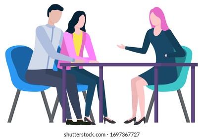 Brokers collaboration, worker sitting at table and discussing business issues. Vector consultants or real estate agents isolated, experienced colleagues, teamwork
