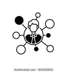 Broker's connections black linear icon. Communication network. Corporate employee. Specialists with connect to team. Human resources. Outline symbol on white space. Vector isolated illustration