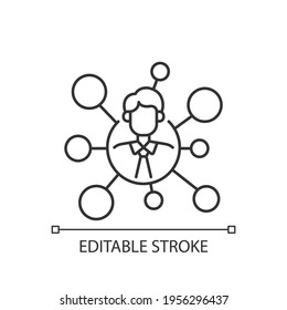 Broker's connections linear icon. Communication network. Corporate employee. Brokerage services. Thin line customizable illustration. Contour symbol. Vector isolated outline drawing. Editable stroke