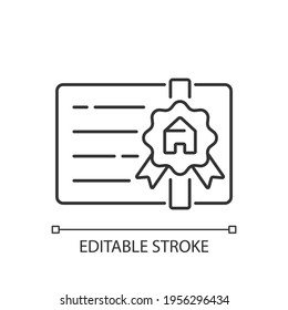 Broker's license linear icon. Contract on reals estate. Brokerage and intermediary services. Thin line customizable illustration. Contour symbol. Vector isolated outline drawing. Editable stroke