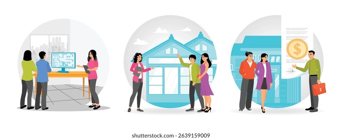 Brokers show and offer properties to consumer. Real estate agent presenting a potential home to a couple. Loan officer explains mortgage details for a real estate purchase. Real estate broker concept.
