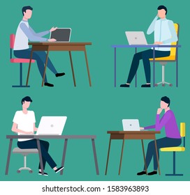 Brokers sitting at computers and working on notebooks. Vector stockbrokers middlemans sitting at tables with computers and buys and sells goods or assets