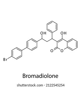 Bromadiolone molecular structure, flat skeletal chemical formula. Vitamin K antagonist Rodenticide drug used to treat Pest control. Vector illustration.