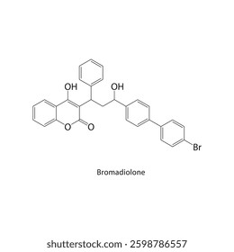 Bromadiolone skeletal structure. Anticoagulant compound schematic illustration. Simple diagram, chemical formula.