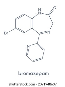 Bromazepam structure. Benzodiazepine drug used to treat anxiety. Skeletal formula.