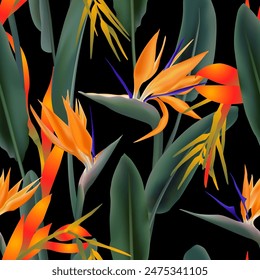 Bromelia and strelitzia reginae flower known as crane flower, bird of paradise. Tropical flowers vector seamless pattern. Fabric, textile, green leaves, red bloss