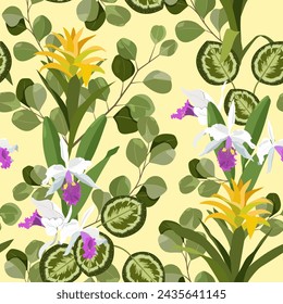 Bromeliad guzmania, eucalyptus and tropical leaves on a beige background. Seamless vector illustration. For decoration textile, packaging, wallpaper.