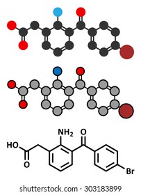 Bromfenac NSAID eye drop drug molecule. Conventional skeletal formula and stylized representations.
