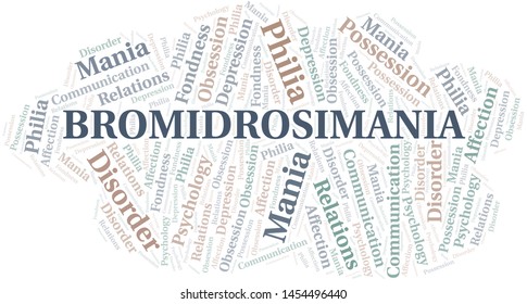 Bromidrosimania word cloud. Type of mania, made with text only.