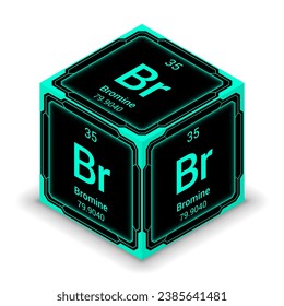 Bromine (Br) (035) - Fundamental Element Futuristic Cybernetic Cube Block Isometric View, Icon Isolated White Background, Periodic Table, Chemical Symbol, Name, Atomic Mass, Atomic Number