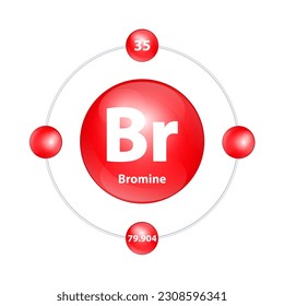 Bromo (Br) Estructura del icono elemento químico forma redonda círculo luz roja con anillo envolvente. Vector de ilustración 3D. Número de periodo muestra niveles de energía de electrones. Estudios científicos para la educación