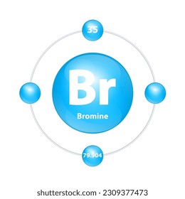 Bromine (Br) Icon structure chemical element round shape circle light blue with surround ring. Period number shows of energy levels of electron. Study science for education. 3D Illustration vector.