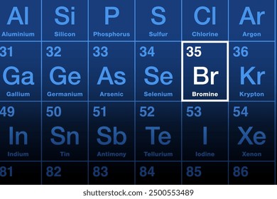 Bromine element on the periodic table with element symbol Br and with the atomic number 35. The name is derived from Ancient Greek bromos, meaning stench, referring to its sharp and pungent smell.