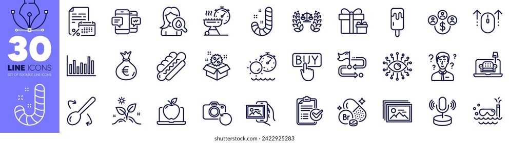 Bromine mineral, Grow plant and Furniture line icons pack. Grill time, Bar diagram, Ice cream web icon. Justice scales, Laptop, Moisturizing cream pictogram. Candy, Sale, Buying currency. Vector