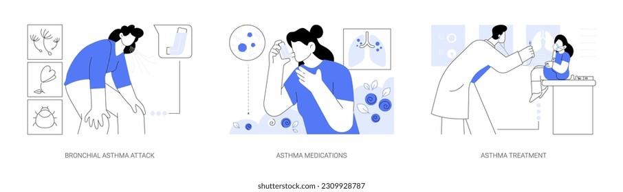 Bronchial asthma abstract concept vector illustration set. Bronchial asthma attack, medications and treatment, pulmonary disease diagnosis, bronchial aerosol, shortness of breath abstract metaphor.