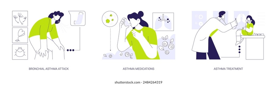 Bronchial asthma abstract concept vector illustration set. Bronchial asthma attack, medications and treatment, pulmonary disease diagnosis, bronchial aerosol, shortness of breath abstract metaphor.