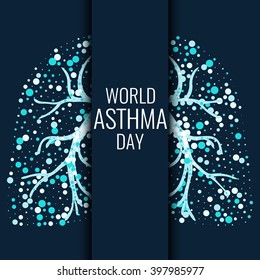 Bronchial asthma awareness poster with lungs filled with air bubbles on dark background. Healthy respiratory system concept. Vector illustration.