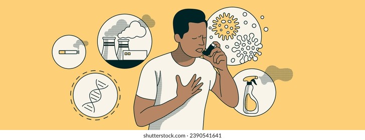 Bronchial asthma concept. Man uses an asthma inhaler against attack. Air pollution, viruses, bacteria, emissions from factories, smoking and chemicals as causes of human lung disease. Flat vector.