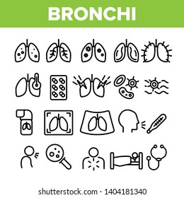 Bronchitis, Allergic Asthma Symptoms Vector Linear Icons Set. Bronchi, Respiratory Disease. Lungs, Human Internal Organs Outline Symbols Pack. Cough Treatment Isolated Contour Illustrations