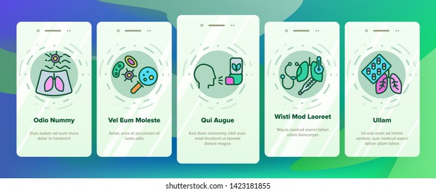 Bronchitis, Allergic Asthma Symptoms Vector Onboarding Mobile App Page Screen. Bronchi, Respiratory Disease. Lungs, Human Internal Organs Outline Symbols Pack. Cough Treatment Illustration