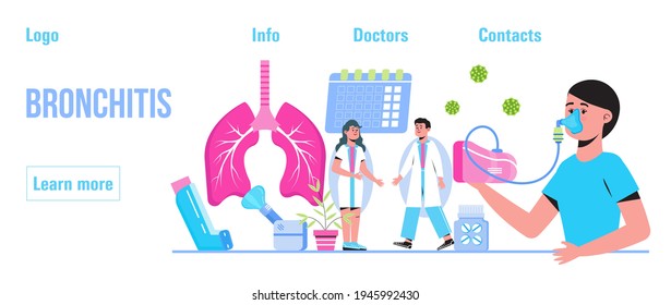 Bronchitis concept vector for medical website, blog, header. Patient suffering bronchial asthma. Metaphor of tuberculosis, pneumonia, lung diagnosis x-ray machine. Inhaler, nebulizer are shown.