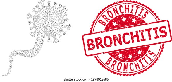 Bronchitis dirty seal imitation and vector virion virus mesh model. Red seal includes Bronchitis caption inside. Abstract flat mesh virion virus, created from flat mesh.