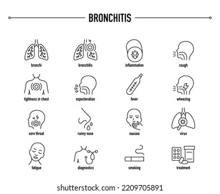 Bronchitis symptoms, diagnostic and treatment icon set. Line editable medical icons.