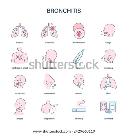 Bronchitis symptoms, diagnostic and treatment vector icons. Medical icons.