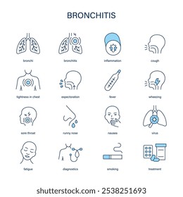 Conjunto de ícone vetorial de bronquite. Ícones médicos.