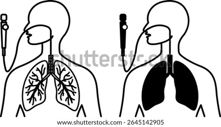 Bronchoscopy Icons. Black and White Vector Illustrations. Examination of the Airways with a Bronchoscope. Human, Lungs, Diagnostics. Lung Disease Concept
