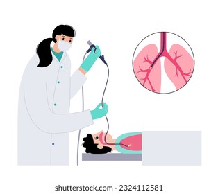 Bronchoscopy procedure. Pulmonologist uses a bronchoscope through mouth into the lung. Respiratory system diseases and treatment. Endobronchial ultrasound bronchoscopy diagnostic vector illustration.